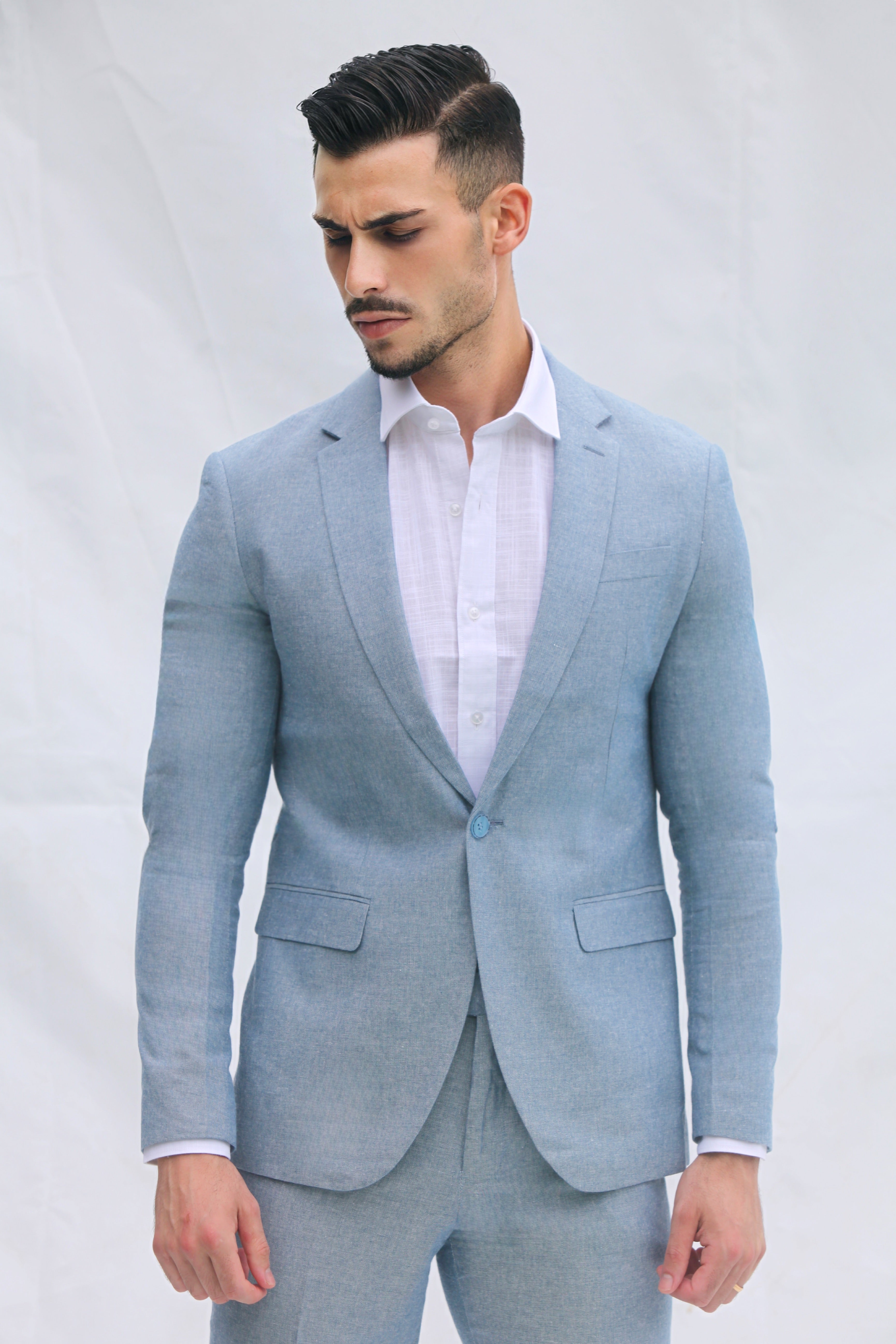 Fato Slim Fit em Linho e Algodão - Azul Claro