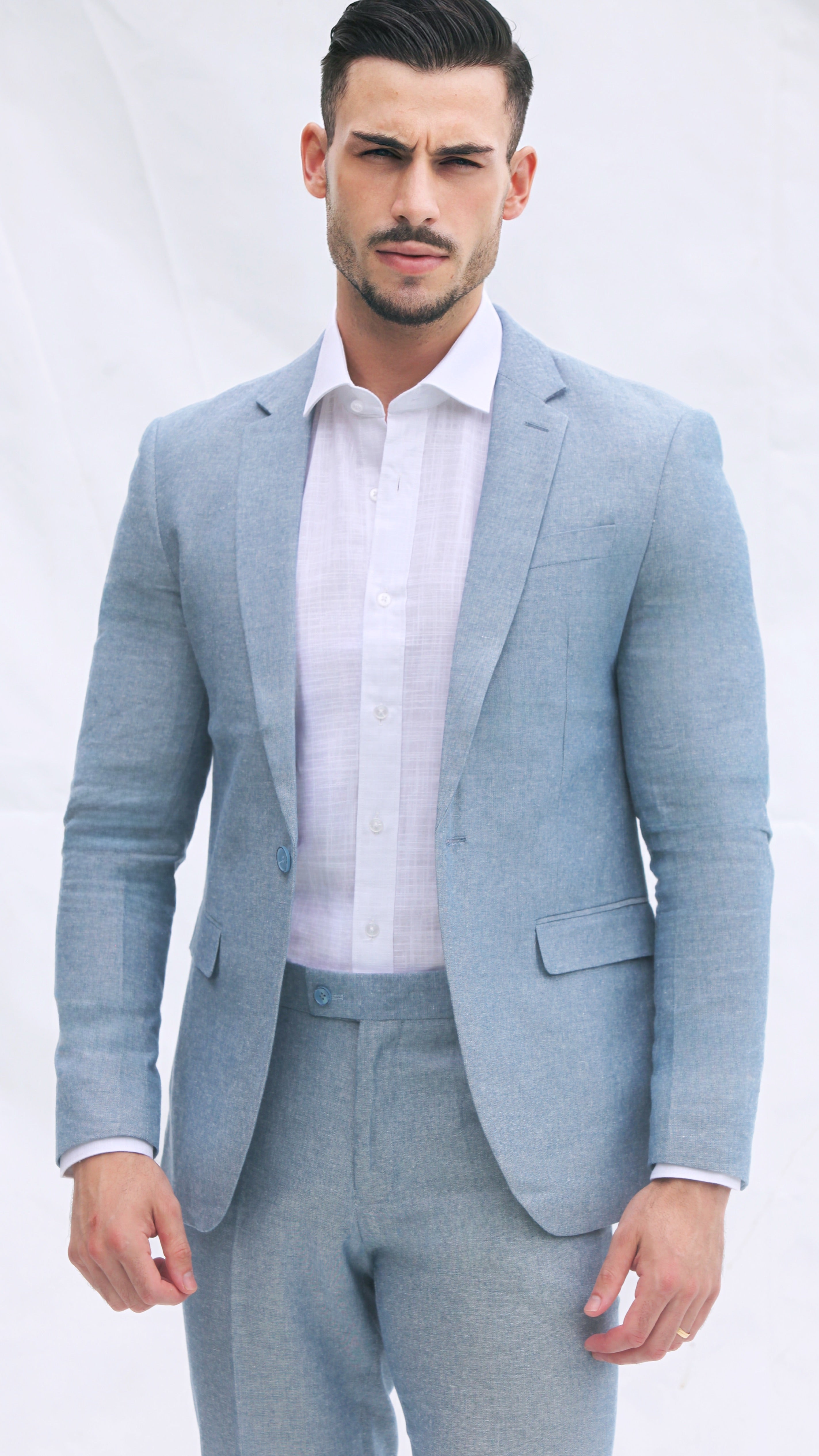 Fato Slim Fit em Linho e Algodão - Azul Claro