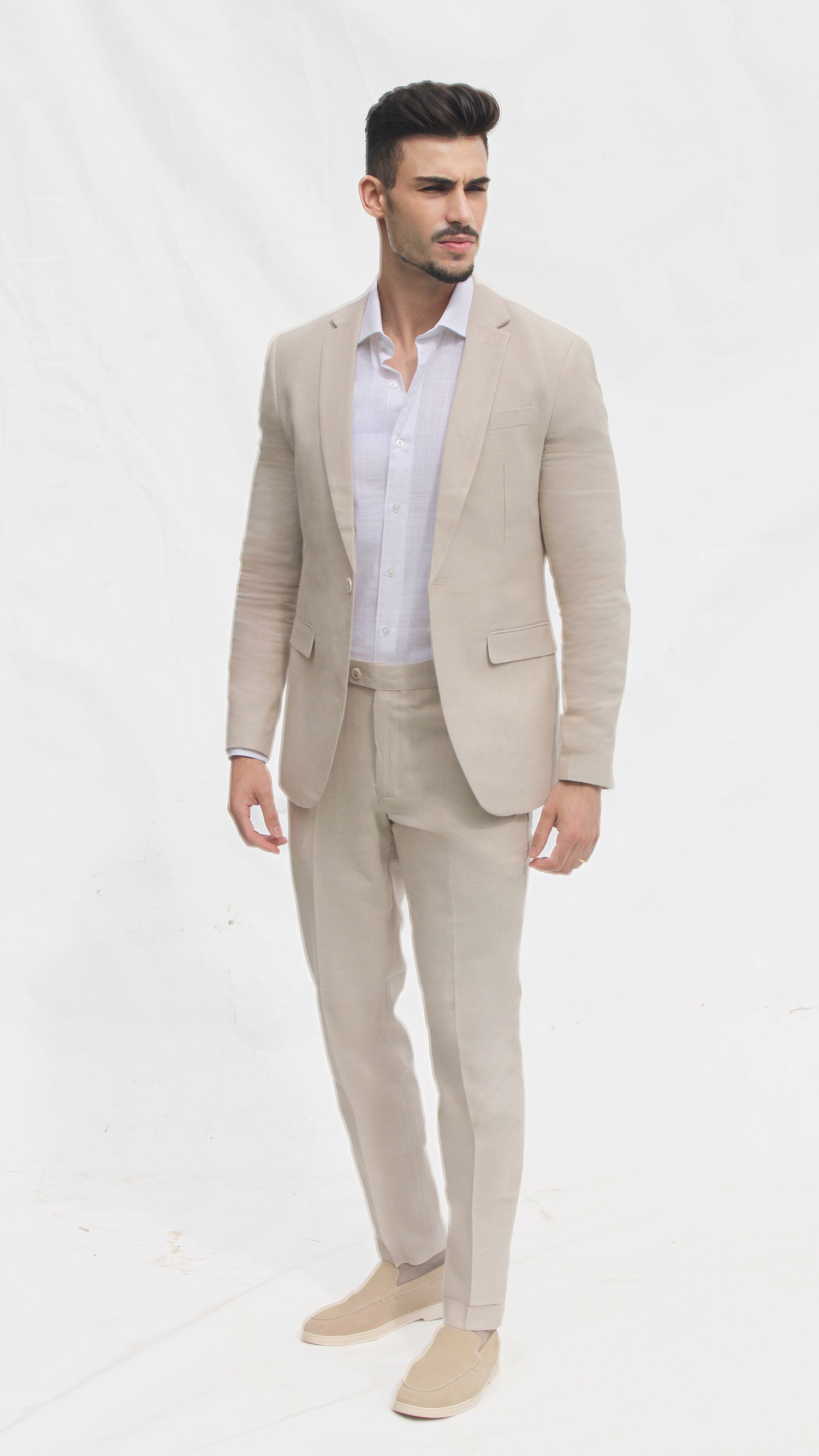 Fato Slim Fit em Linho e Algodão - Castanho