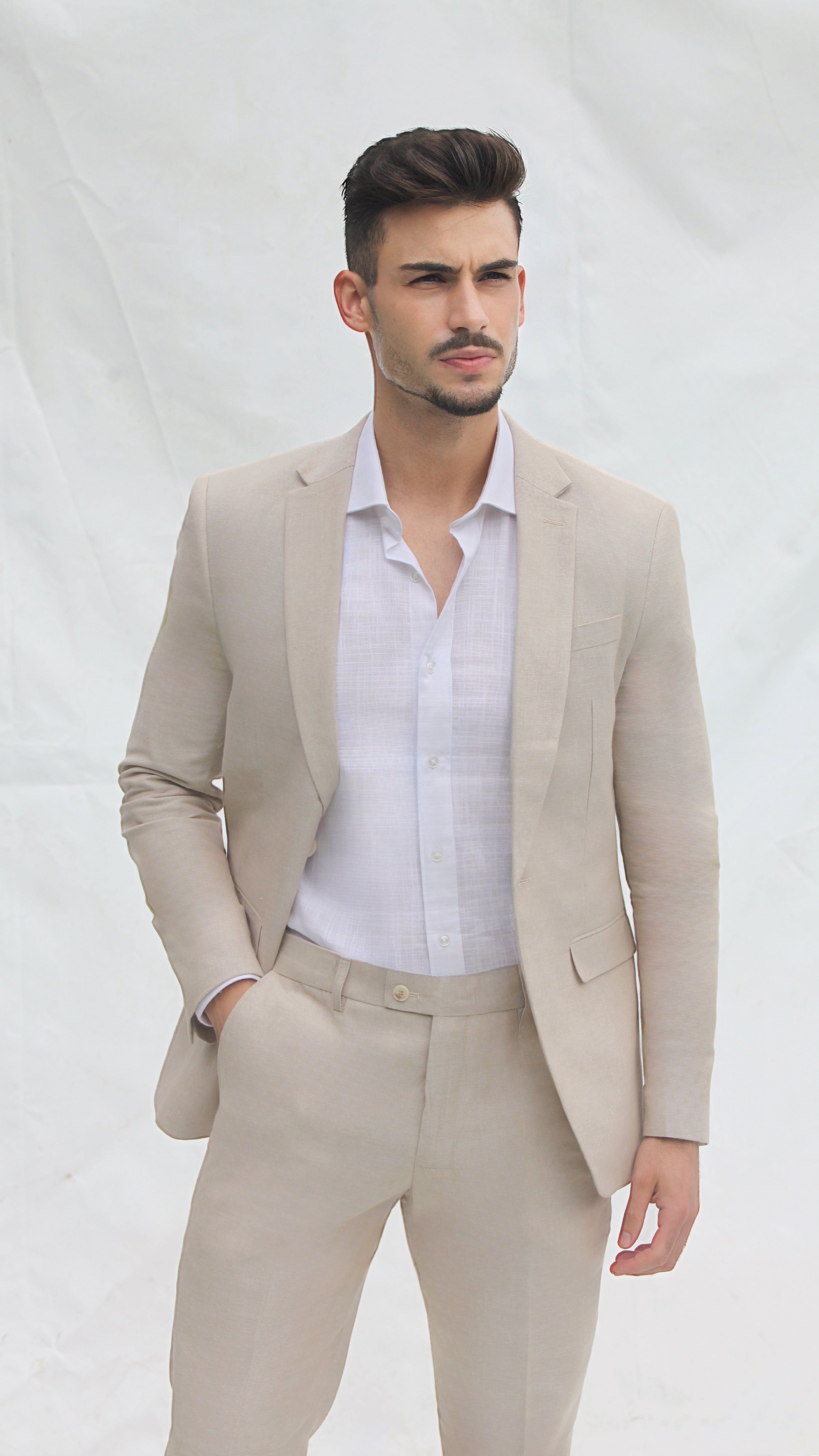 Fato Slim Fit em Linho e Algodão - Castanho