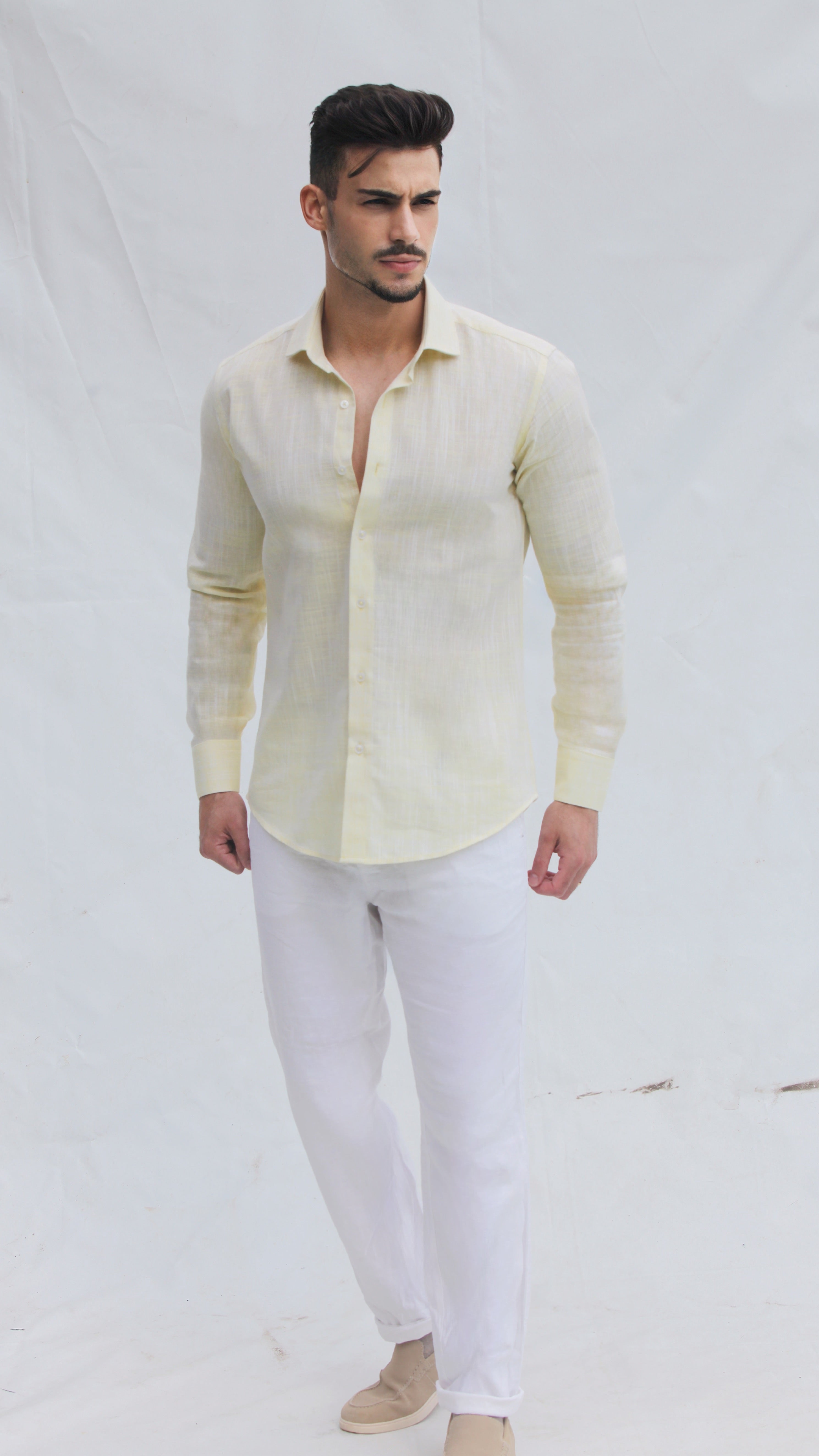 Camisa de Linho Slim Fit – Amarelo Âmbar | Essencial de Verão