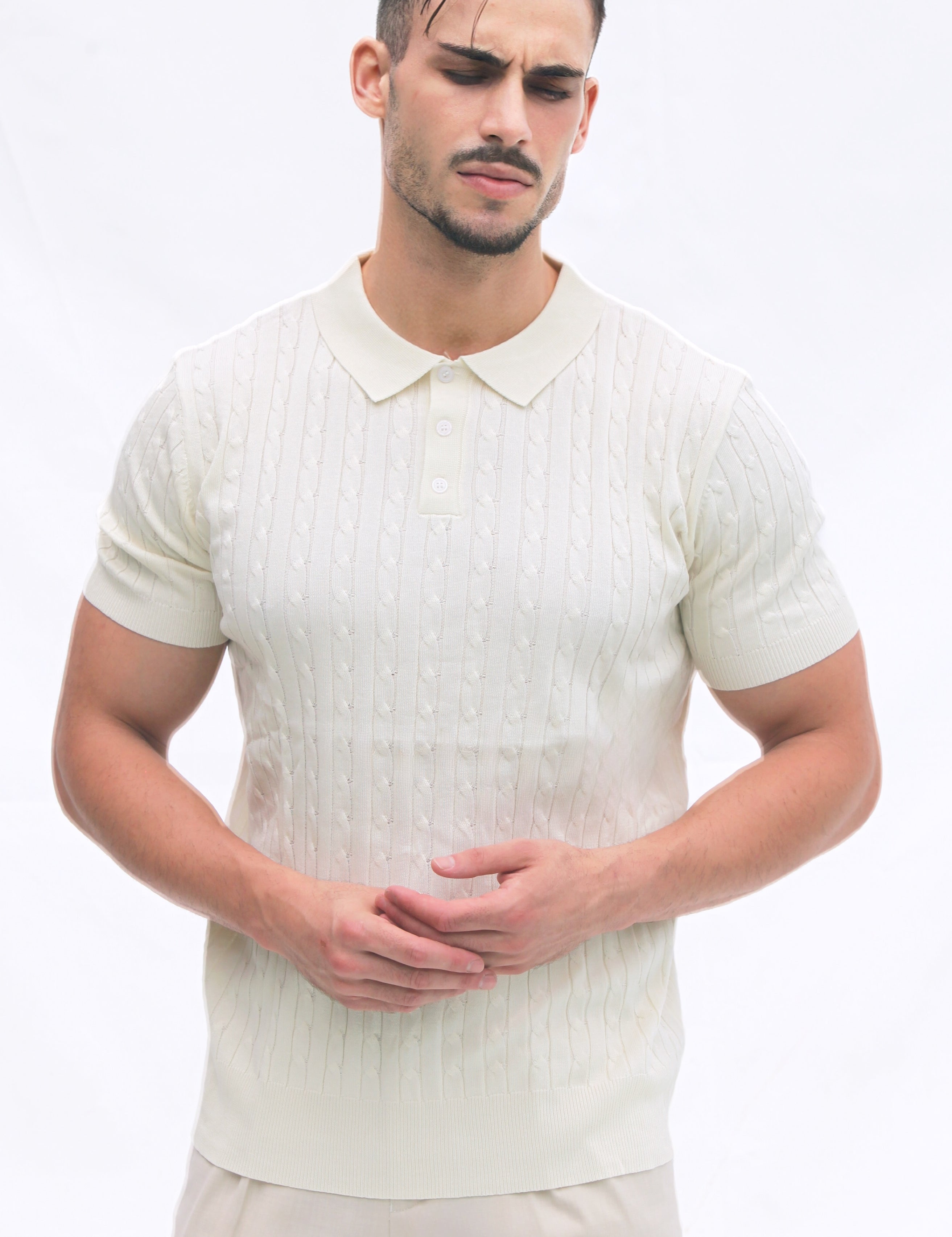 Polo Masculina Tricot Off-White com Textura Canelada | Dilectus