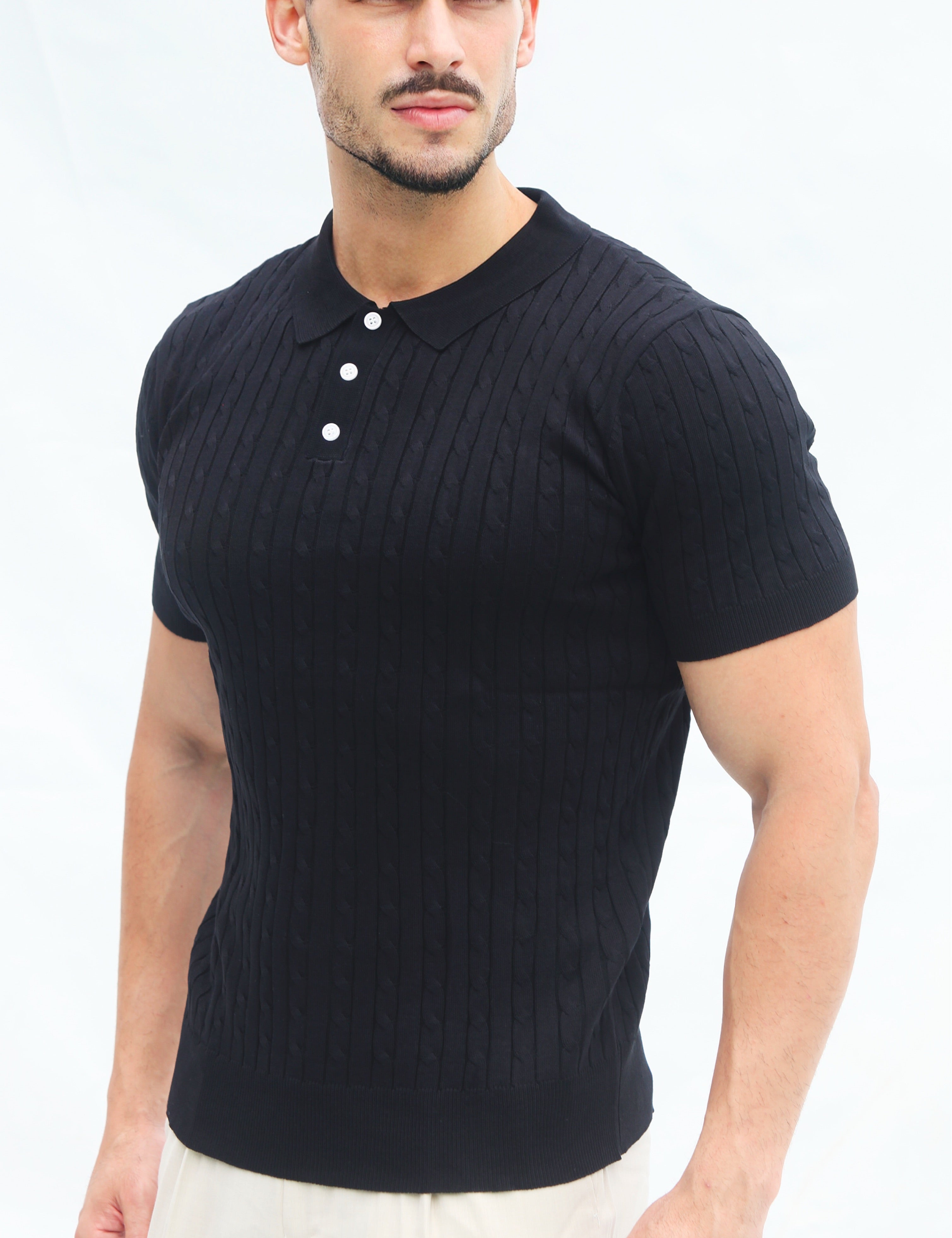 Polo Masculina Tricot Off-White com Textura Canelada em Preto | Dilectus