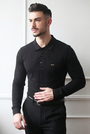 Polo Masculino Manga Comprida 100% Algodão Clássico Azul Marinho em Preto | Dilectus