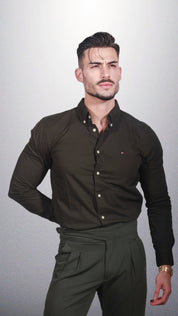 Tommy Hilfiger Flex Poplin Rf Shirt Olive Slim Fit MW0MW30934-380 | Dilectus
